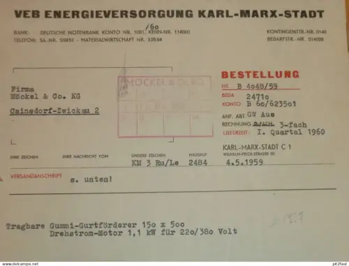 VEB Energieversorgung Karl-Marx-Stadt , 1959 , Herr Mothes , Herr Dietrich , altes Dokument , Reklame / Werbung !!
