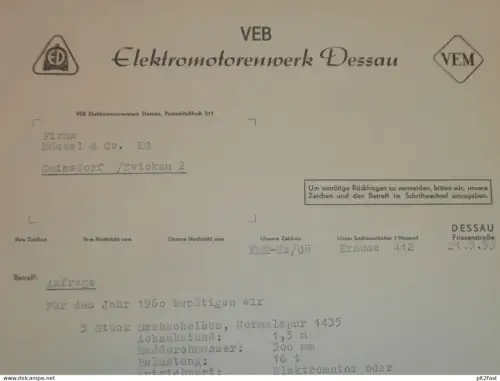 VEB Elektromotorenwerk Dessau , 1959 , Herr Diekmann , Herr Tetzel , altes Dokument , Reklame / Werbung !!