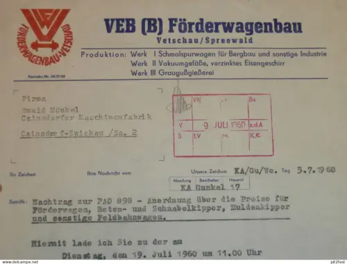 VEB Förderwagenbau Vetzschau , Schmalspur , 1960 , Herr Gunkel , altes Dokument , Reklame / Werbung !!