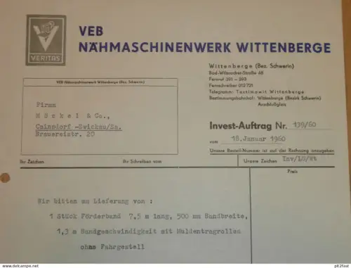 VEB Nähmaschinenwerk Wittenberge , 1960 , Herr Metzelthin , Herr Kröcher , altes Dokument , Reklame / Werbung !!
