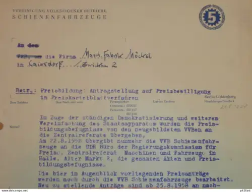 VEB - Schienenfahrzeuge Berlin , Eisenbahn , Feldbahn , 1958 , Herr Reile , Herr Wendle Dokument , Reklame / Werbung !!