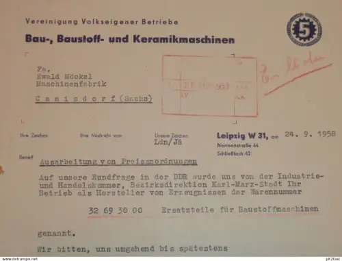 VEB - Keramikmaschinen in Leipzig - Nonnenstraße , 1958 , Herr Rosjat , altes Dokument , Reklame / Werbung !!