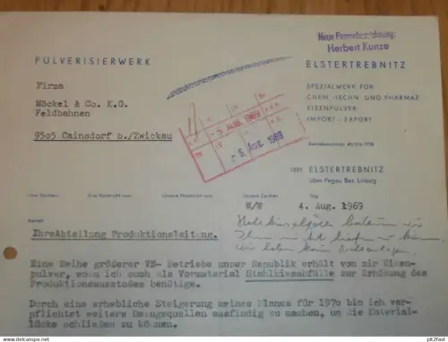 Pulverisierwerk - Elstertrebnitz b. Pegau  , 1969 , Herbert Kunze , alte Rechnung , Reklame / Werbung !!