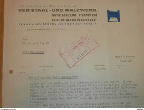 VEB Walzwerk - Wilhelm Florin - in Hennigsdorf , 1969 , Hr. Bäcker , alte Rechnung , Reklame / Werbung !!
