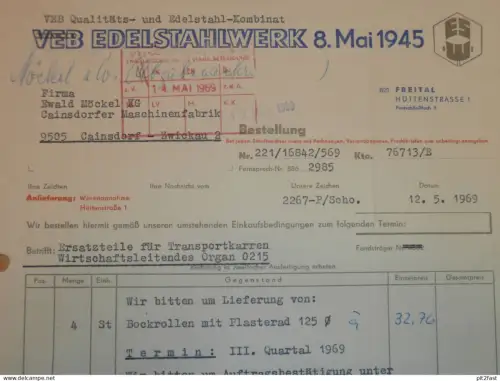 VEB Edelstahlwerk 8.Mai 1945 in Freital , 1969 , Hr. Bräuer , Hr. Popp , alte Rechnung , Reklame / Werbung !!