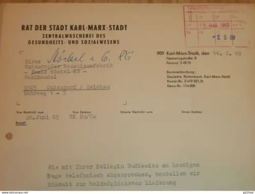 Rat der Stadt Karl-Marx-Stadt , Herr Bornat , 1969 , Wäscherei , alte Rechnung , Reklame / Werbung !!