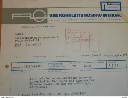 VEB Rohrleitungsbau Werdau , Hr. Göppert , Hr. Maschke , 1969 , alte Rechnung , Reklame / Werbung !!