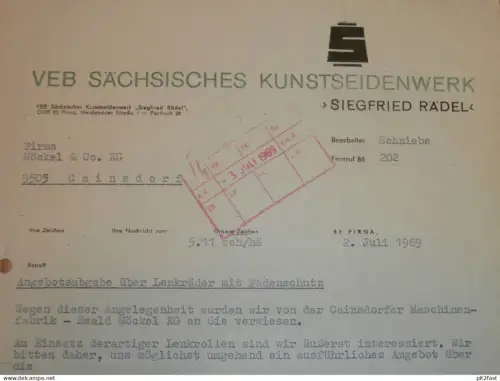 VEB Sächsisches Kunstseidewerk in Pirna , 1969 , Seide ,Hr. Loschke , Hr. Schniebs, alte Rechnung , Reklame / Werbung !!