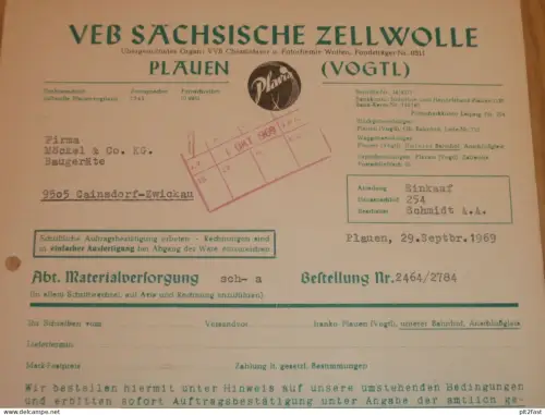VEB Sächsische Zellwolle in Plauen i. Vogtland , 1969 , Hr. Winkler , Hr. Hager , alte Rechnung , Reklame / Werbung !!