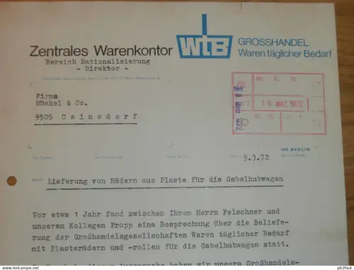 Zentrales Warenkontor in Berlin , 1972 , Herr Meiran , altes Dokument , Reklame / Werbung