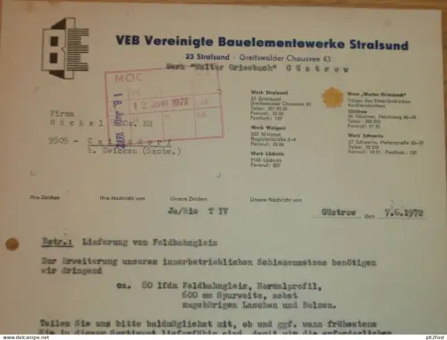 VEB Bauelementewerk Stralsund , 1972 , Herr Zirzow , altes Dokument , Reklame / Werbung