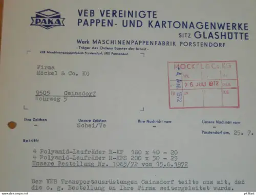 Pappen- und Kartonagenwerk in Glashütte / Porstendorf , 1972, Hr.Prokot , Hr. Scheibe altes Dokument , Reklame / Werbung