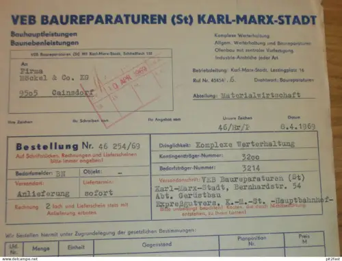 VEB Baureparaturen Karl-Marx-Stadt , 1969 , Herr Großer , Herr Haller , altes Dokument , Reklame / Werbung