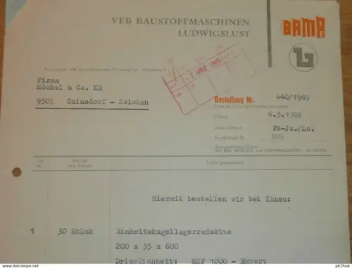 VEB Baustoffmaschinen Ludwigslust , 1969 , Herr Jahn , Herr Woite , altes Dokument , Reklame / Werbung