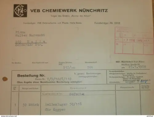 VEB Chemiewerk Nünchritz b. Riesa , 1969 , altes Dokument , Reklame / Werbung