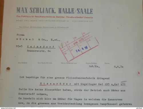 Fleischerei-Bedarf Max Schliack in Halle a. Saale , 1970 , altes Dokument , Reklame / Werbung !!