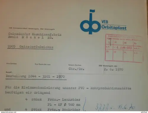 VEB ORBITAPLAST in Westeregeln , 1970 , Herr Sonka , altes Dokument , Reklame / Werbung !!