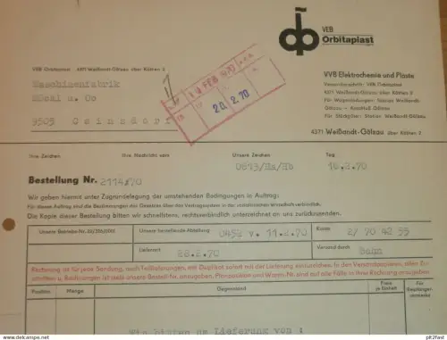 VEB ORBITAPLAST in Weißbrandt-Gölzau b. Köthen , 1970 , Herr Hassel , Hr. Salzmann altes Dokument , Reklame / Werbung !!