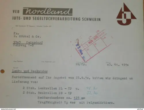 VEB Nordland - Jute- und Segeltuch Schwerin , 1970 , Herr Müller , altes Dokument , Reklame / Werbung !!