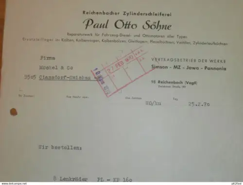 Zylinderschleiferei - Paul Otto in Reichenbach i.V. , SIMSON , MZ , JAWA , PANNONIA altes Dokument , Reklame / Werbung