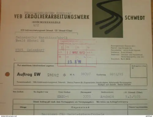 VEB Erdölverarbeitungswerk Schwedt , 1970 , Herr Lober , Herr Arnholdt , altes Dokument , Reklame / Werbung !!