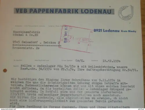 VEB Pappenfabrik Lodenau b. Horka OL. / Niesky , 1970 , altes Dokument , Reklame / Werbung !!