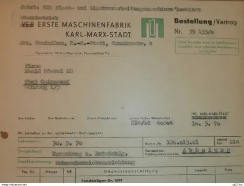 Erste Maschinenfabrik Karl-Marx-Stadt , 1970 , Herr Fischer , Herr Nitschke , altes Dokument , Reklame / Werbung !!