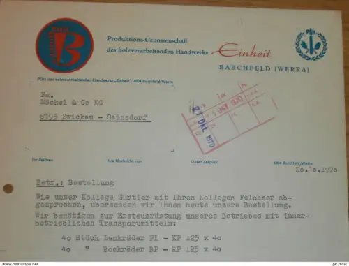 PGH Holzhandwerk in Barchfeld a. Werra , 1970 , altes Dokument , Reklame / Werbung !!
