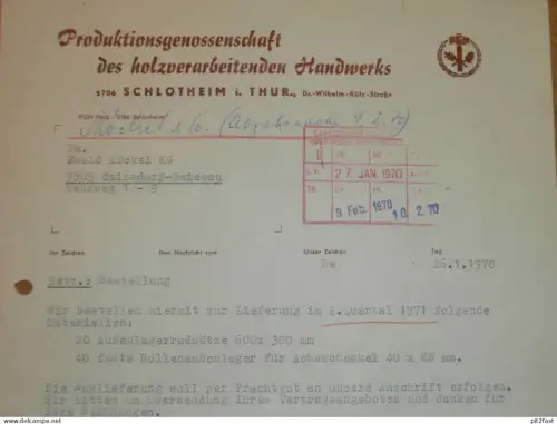 PGH Holzhandwerk in Schlotheim i. Thür., 1970 , Herr Schäfer , Herr Becker , altes Dokument , Reklame / Werbung !!