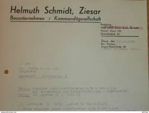 Bauunternehmen - Helmuth Schmidt in Ziesar , 1959 , altes Dokument , Reklame / Werbung !!