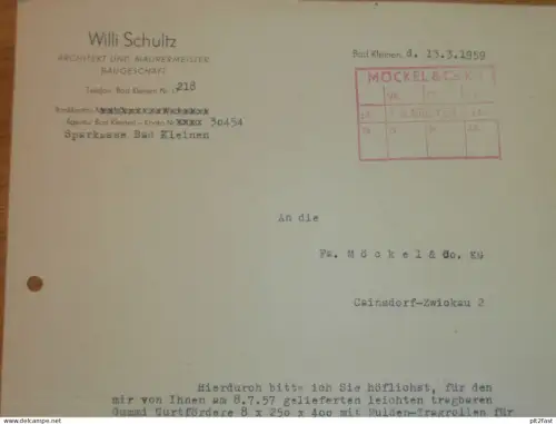 Baugeschäft - Willi Schultz in Bad Kleinen i. Mecklenburg , 1959 , altes Dokument , Reklame / Werbung !!