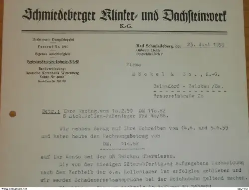 Klinker- und Dachsteinwerk - Bad Schmiedeberg , 1959 , altes Dokument , Reklame / Werbung !!