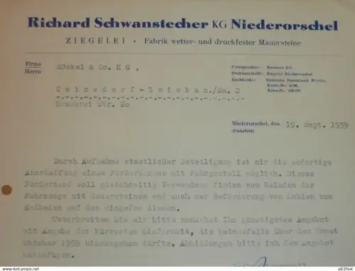 Ziegelei - Richard Schwanstecher KG in Niederorschel / Eichsfeld , 1959 , altes Dokument , Reklame / Werbung !!