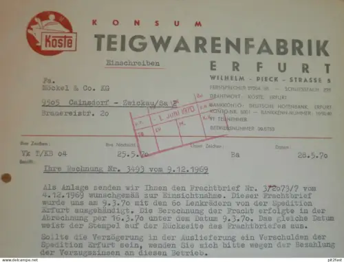 KONSUM - Teigwarenfabrik Erfurt , 1970 , Herr Eger , altes Dokument , Reklame / Werbung !!