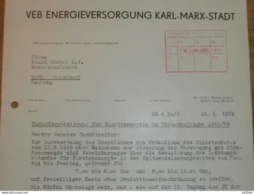 VEB Energieversorgung Karl-Marx-Stadt , 1969 , Herr Männich , altes Dokument , Reklame / Werbung !!
