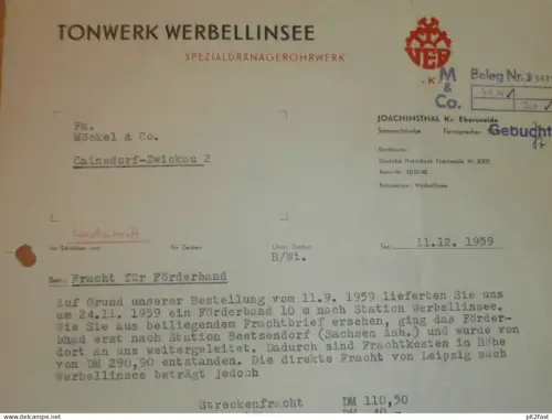 Tonwerk Werbellinsee in Joachimsthal b. Eberswalde  , 1959 , Herr Göckeritz , altes Dokument , Reklame / Werbung !!