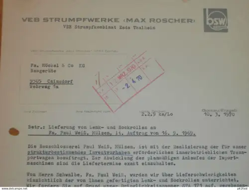 VEB Strumpfwerk ESDA in Thalheim / Gornau , 1970 , Herr Martius , Herr Keller , altes Dokument , Reklame / Werbung !!