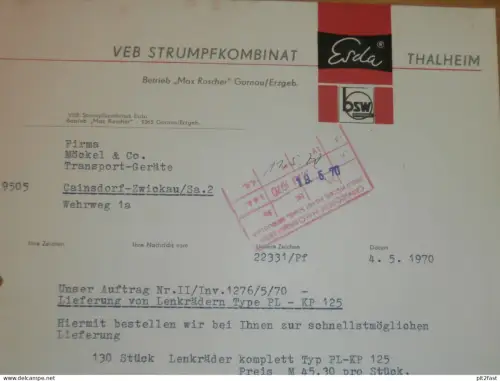 VEB Strumpfkombinat ESDA in Thalheim / Gornau , 1970 , Herr Geimann , Herr Meyer , altes Dokument , Reklame / Werbung !!
