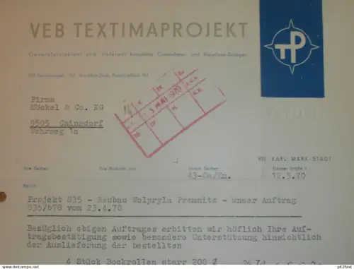 VEB Textimaprojekt Karl-Marx-Stadt , 1970 , Herr Oedemann , Herr Lesch , altes Dokument , Reklame / Werbung !!