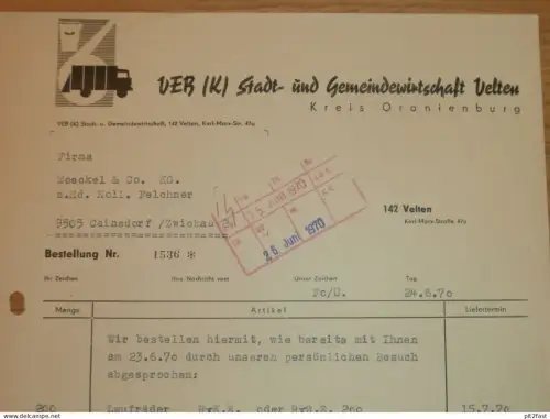 VEB Stadt- und Gemeindewirtschaft Velten b. Oranienburg , 1970 , Hr. Focke , Hr. Fritz , Dokument , Reklame / Werbung !!