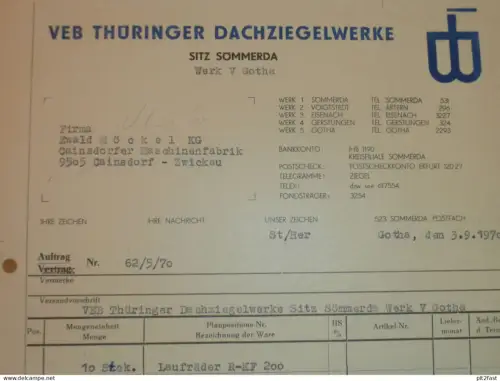 VEB Thüringer Dachziegelwerke in Sömmerda / Gotha , 1970 , Dokument , Reklame / Werbung !!