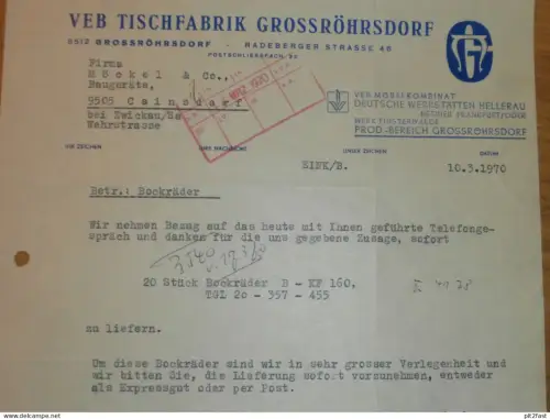 VEB Tischfabrik Grossröhrsdorf  , 1970 , Hr. Höckendorff , Hr. Kretschel , Dokument , Reklame / Werbung !!