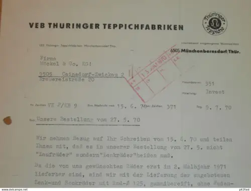 VEB Teppichfabrik in Münchenbernsdorf i. Thür., 1970 , Hr. Graf , Hr. Trennwolf , Dokument , Reklame / Werbung !!