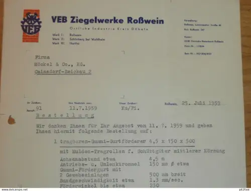 VEB Ziegelwerk Roßwein b. Döbeln , 1959 , Hr. Brabandt , Hr. Kujau , Dokument , Reklame / Werbung !!