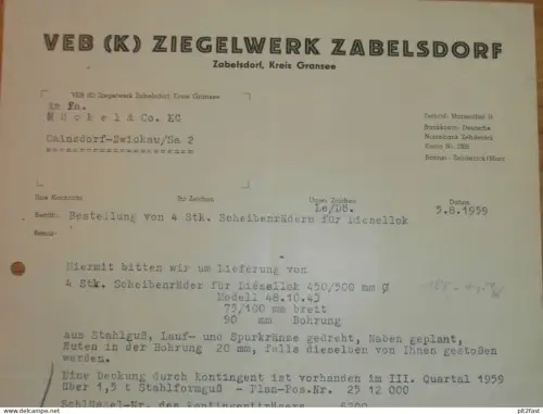VEB Ziegelwerk Zabelsdorf b. Gransee , 1959 , Hr. Lenz , Dokument , Reklame / Werbung !!
