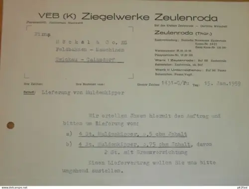 VEB Ziegelwerk Zeulenroda , 1959 , Dokument , Reklame / Werbung !!