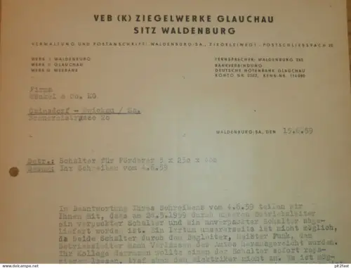 VEB Ziegelwerk Glauchau - Sitz Waldenburg , 1959 , Dokument , Reklame / Werbung !!