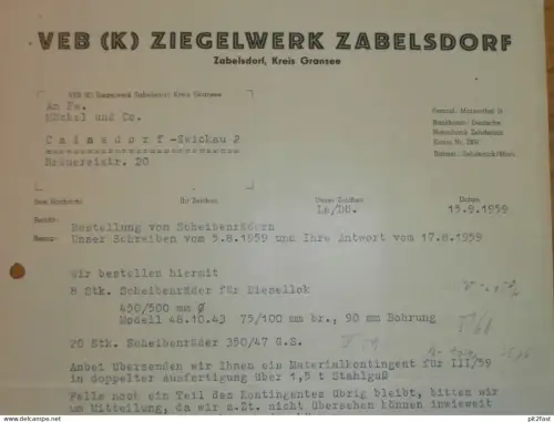 VEB Ziegelwerk Zabelsdorf b. Gransee , 1959 , Hr. Lenz , Dokument , Reklame / Werbung !!