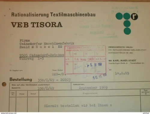 Textilmaschinenbau TISORA in Karl-Marx-Stadt , 1969 , Hr. Reiske , Hr. Neubert , Dokument , Reklame / Werbung !!