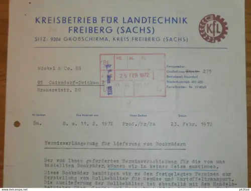 Kreisbetrieb für Landtechnik in Freiberg i. Sa. , 1972 , Herr Primm ,Hr. Hirschbach , Dokument , Reklame / Werbung !!